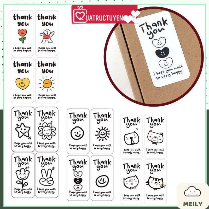 100 Tem hoạt hình Thank you đen trắng, màu sắc TE22