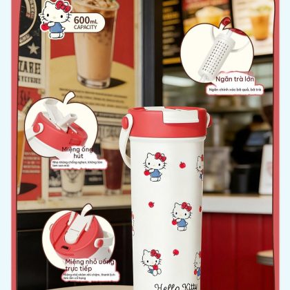 Bình Giữ Nhiệt HelloKT 600ml Inox 316 Có Ống Hút Quai Cầm Giữ Nóng Lạnh BL99