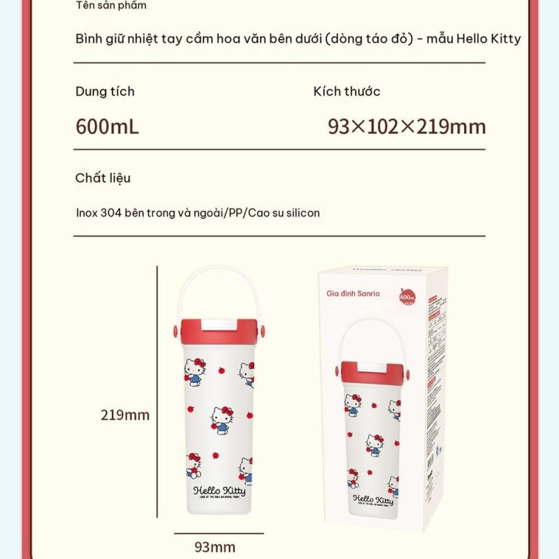 Bình giữ nhiệt HelloKT 600ml inox 316 có ống hút, quai cầm BL99