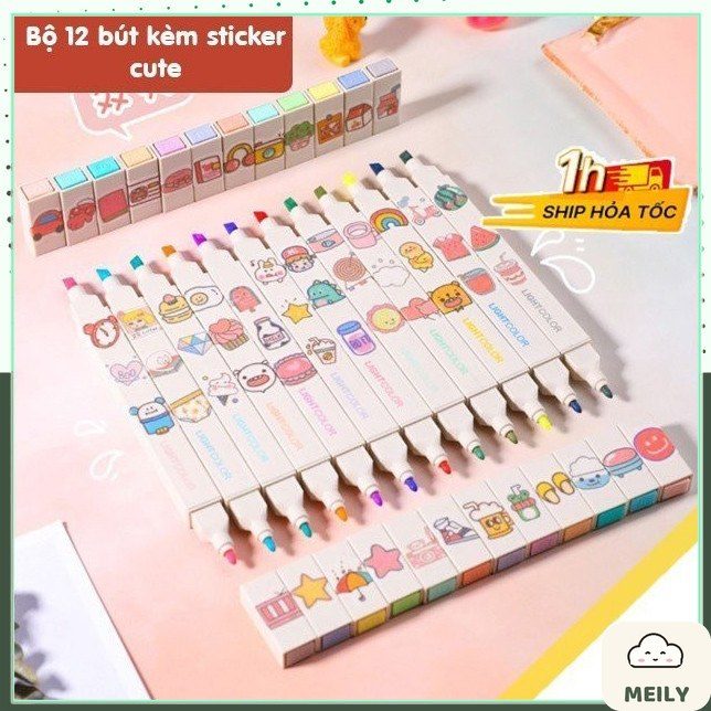Bộ 12 bút highlight 2 đầu màu Pastel Light Color kèm sticker HI06
