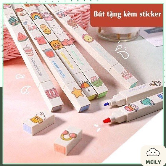 Bộ 12 bút highlight 2 đầu màu Pastel Light Color kèm sticker HI06