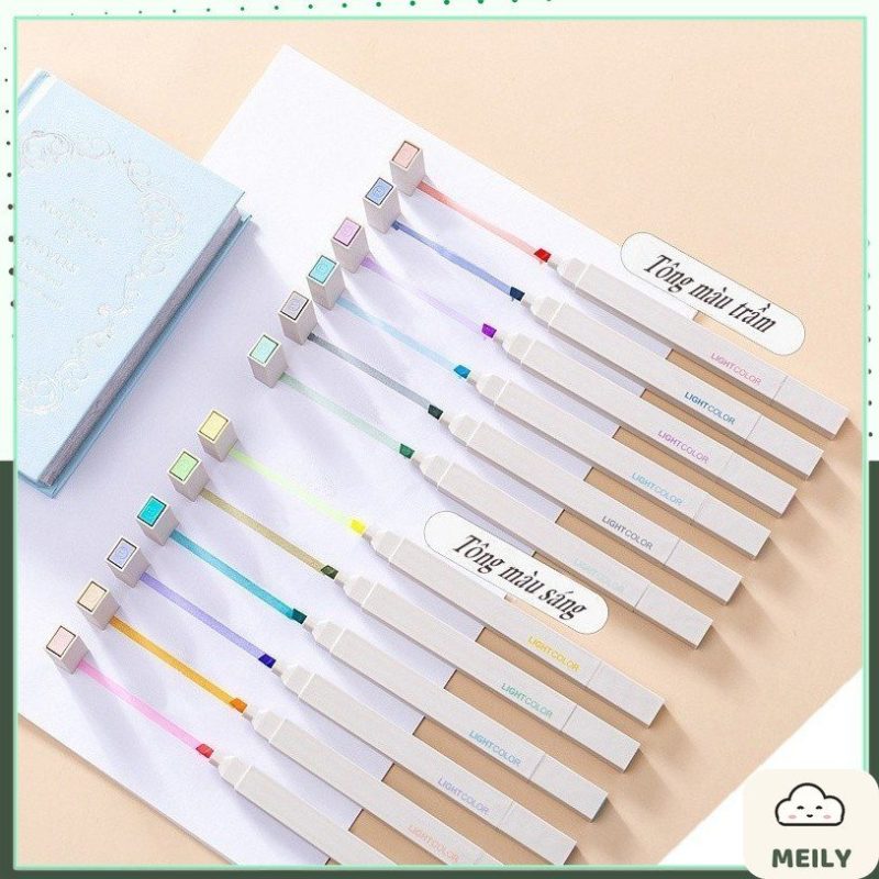 Bộ 12 bút highlight 2 đầu màu Pastel Light Color kèm sticker HI06