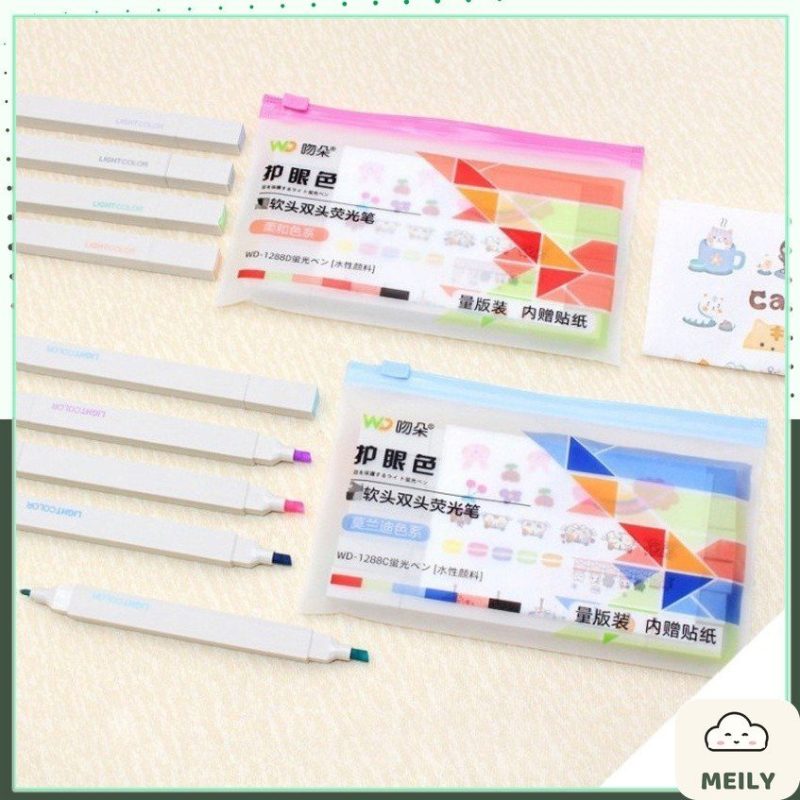 Bộ 12 bút highlight 2 đầu màu Pastel Light Color kèm sticker HI06
