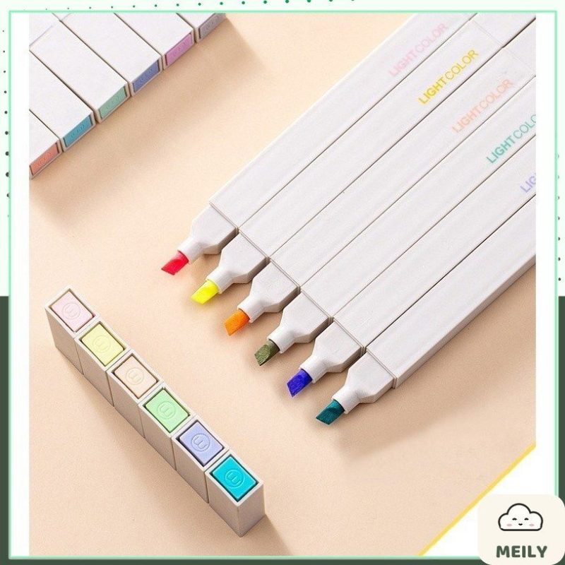 Bộ 12 bút highlight 2 đầu màu Pastel Light Color kèm sticker HI06