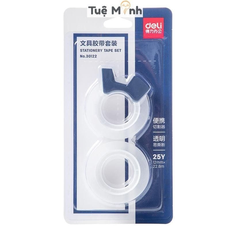 Bộ 2 cuộn băng dính ghi chú note trong suốt kèm dụng cụ cắt - Bộ 2 cuộn băng dính Deli trong suốt WA03B 30122