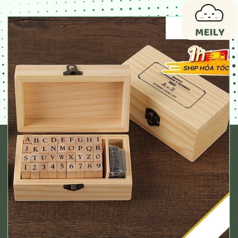 Bộ 36 con dấu gỗ Full chữ cái Alphabet + Chữ số kèm Hộp mực đóng dấu trang trí