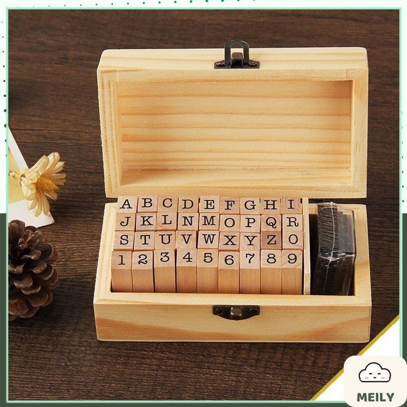 Bộ 36 con dấu gỗ Full chữ cái Alphabet + Chữ số kèm Hộp mực đóng dấu trang trí