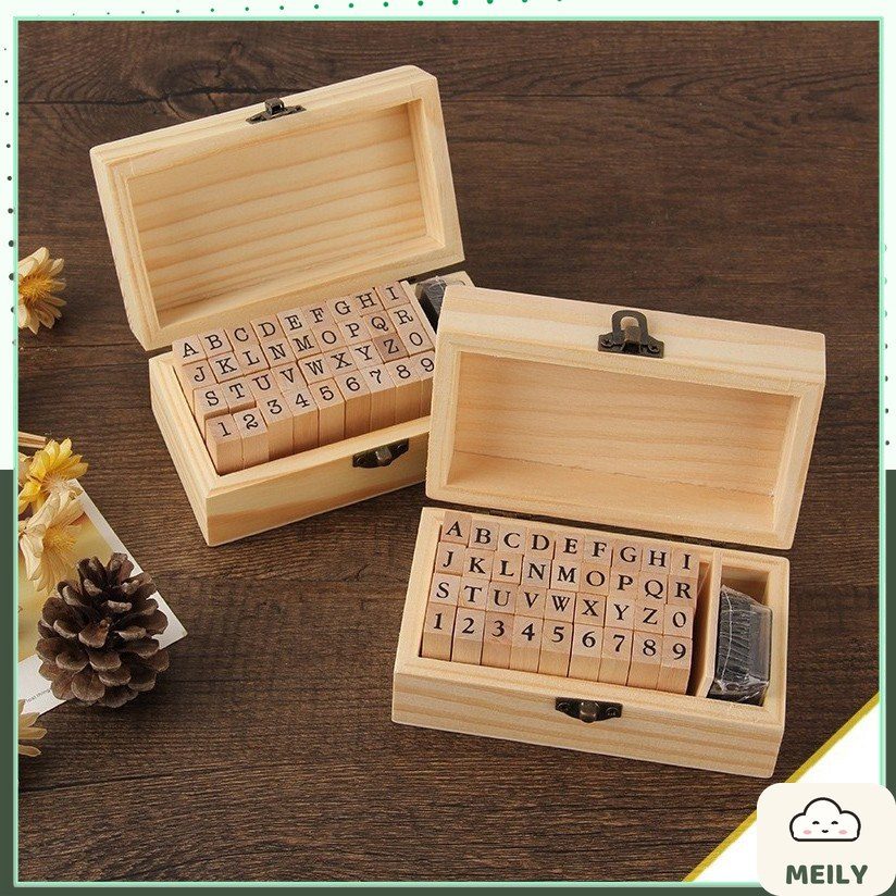 Bộ 36 con dấu gỗ Full chữ cái Alphabet + Chữ số kèm Hộp mực đóng dấu trang trí