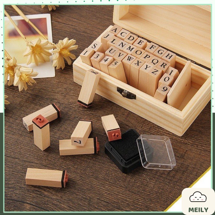 Bộ 36 con dấu gỗ Full chữ cái Alphabet + Chữ số kèm Hộp mực đóng dấu trang trí