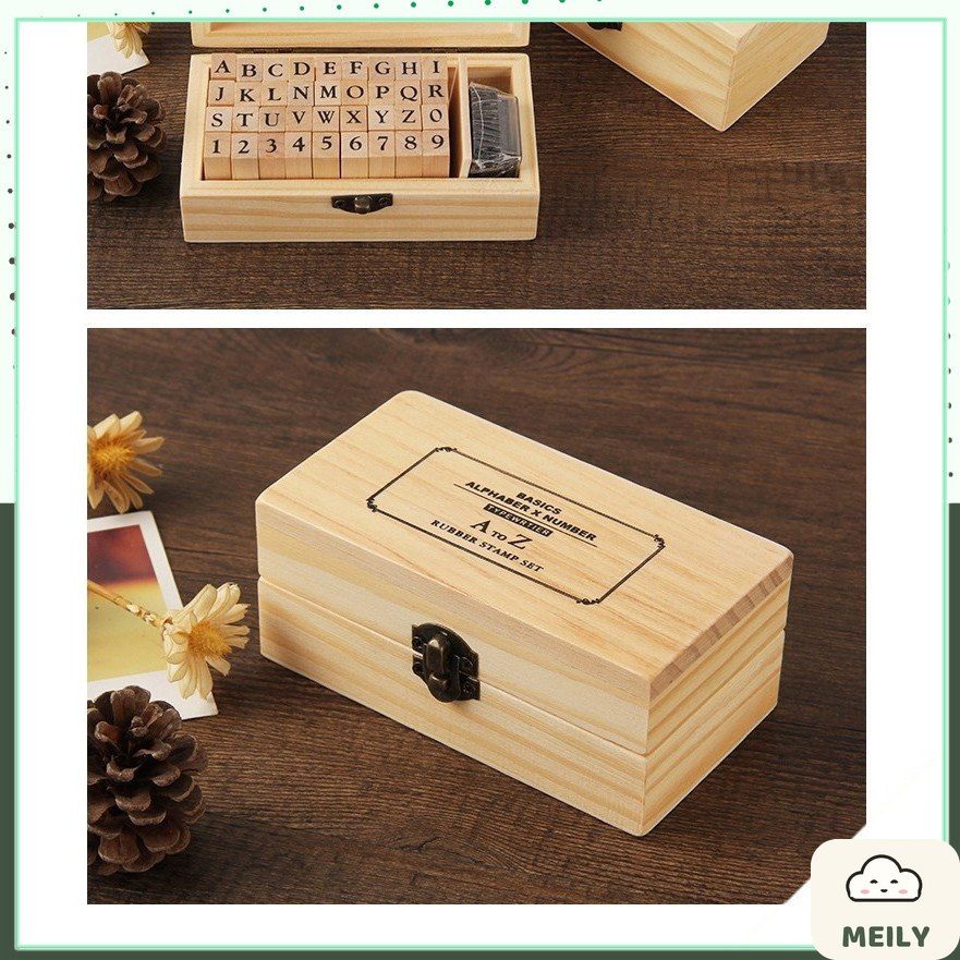 Bộ 36 con dấu gỗ Full chữ cái Alphabet + Chữ số kèm Hộp mực đóng dấu trang trí