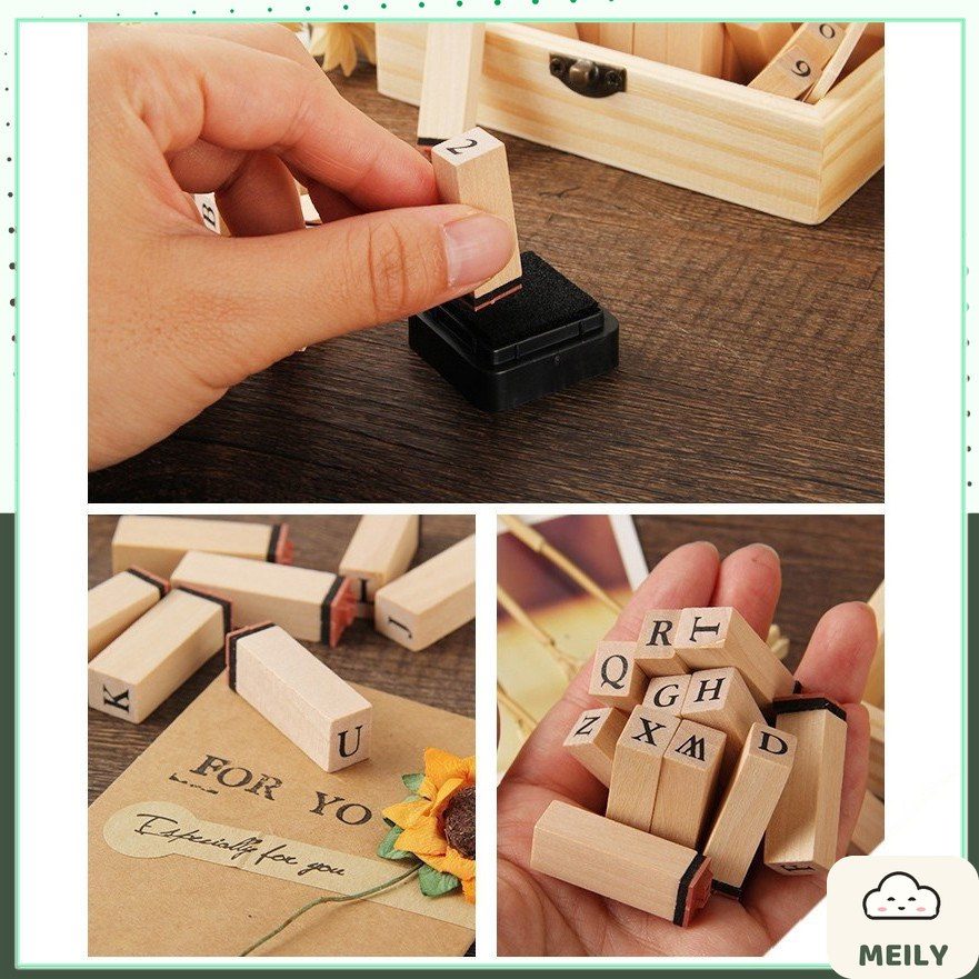 Bộ 36 con dấu gỗ Full chữ cái Alphabet + Chữ số kèm Hộp mực đóng dấu trang trí