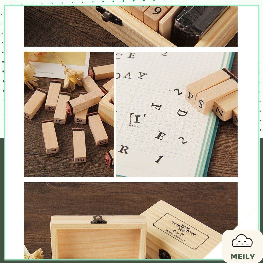 Bộ 36 con dấu gỗ Full chữ cái Alphabet + Chữ số kèm Hộp mực đóng dấu trang trí