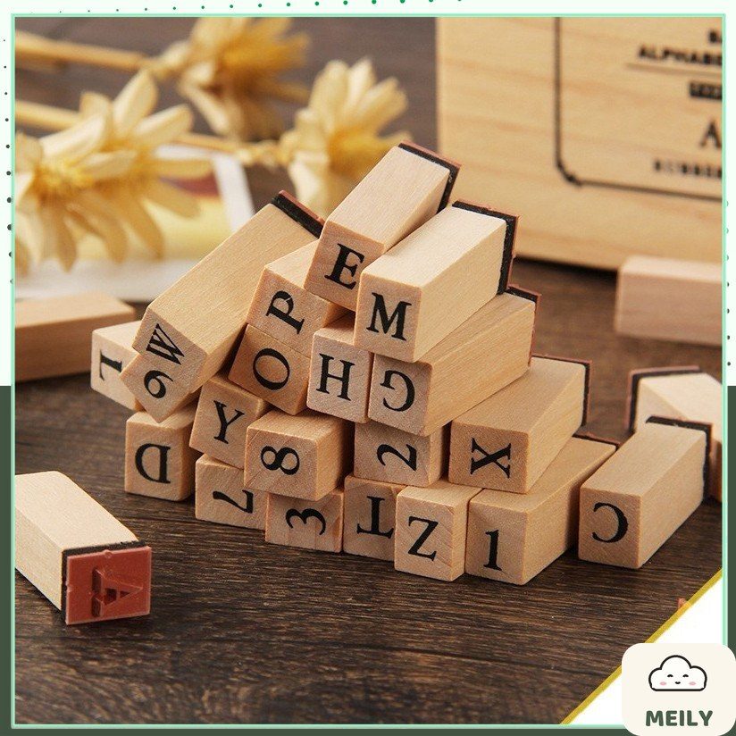 Bộ 36 con dấu gỗ Full chữ cái Alphabet + Chữ số kèm Hộp mực đóng dấu trang trí