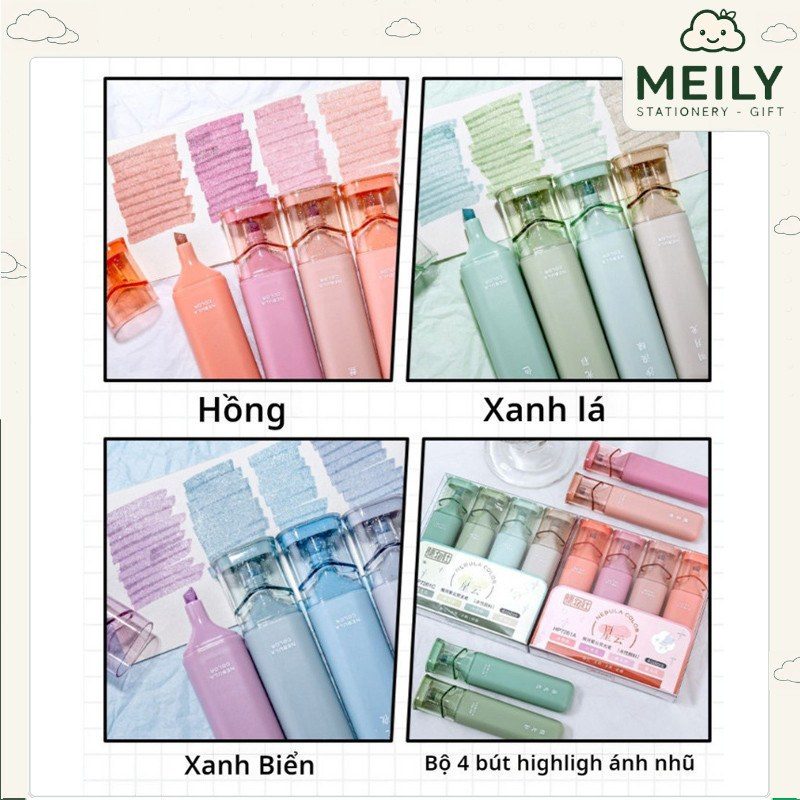 Bộ 4 bút highlight pastel ánh kim nhũ lấp lánh