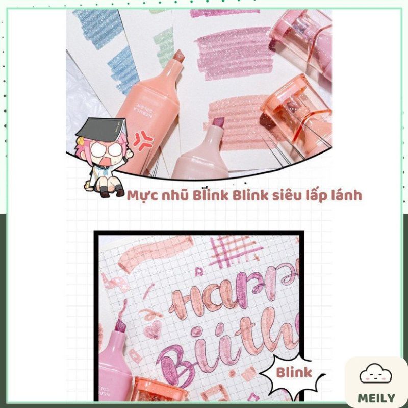 Bộ 4 bút highlight pastel ánh kim nhũ lấp lánh