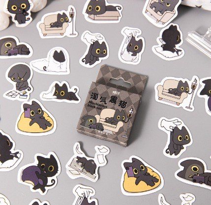 Bộ 45 sticker dễ thương hoạt hình - nhãn dán hình động vật cute STI38 - Hộp 46 sticker mèo đen tinh nghịch STI91