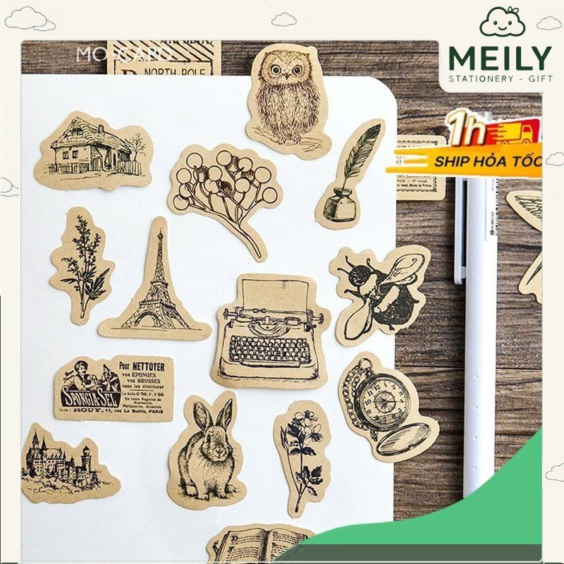 Bộ 46 Sticker Vintage đen trắng nền màu kraft ST03