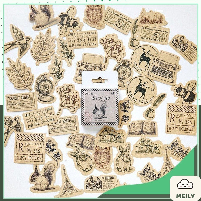 Bộ 46 Sticker Vintage đen trắng nền màu kraft ST03