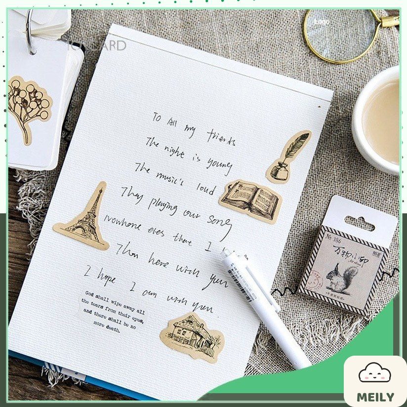 Bộ 46 Sticker Vintage đen trắng nền màu kraft ST03
