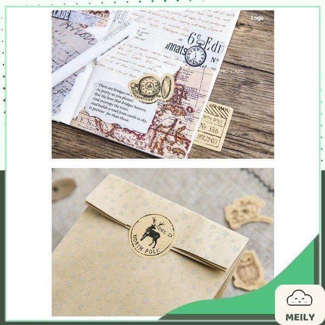 Bộ 46 Sticker Vintage đen trắng nền màu kraft ST03