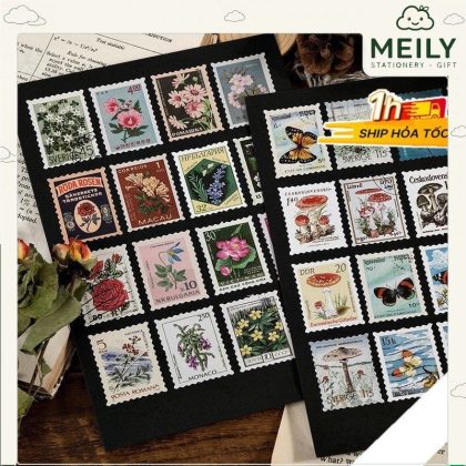 Bộ 46 tem dán Sticker phong cách Retro - Sticker hình tem trang trí sổ