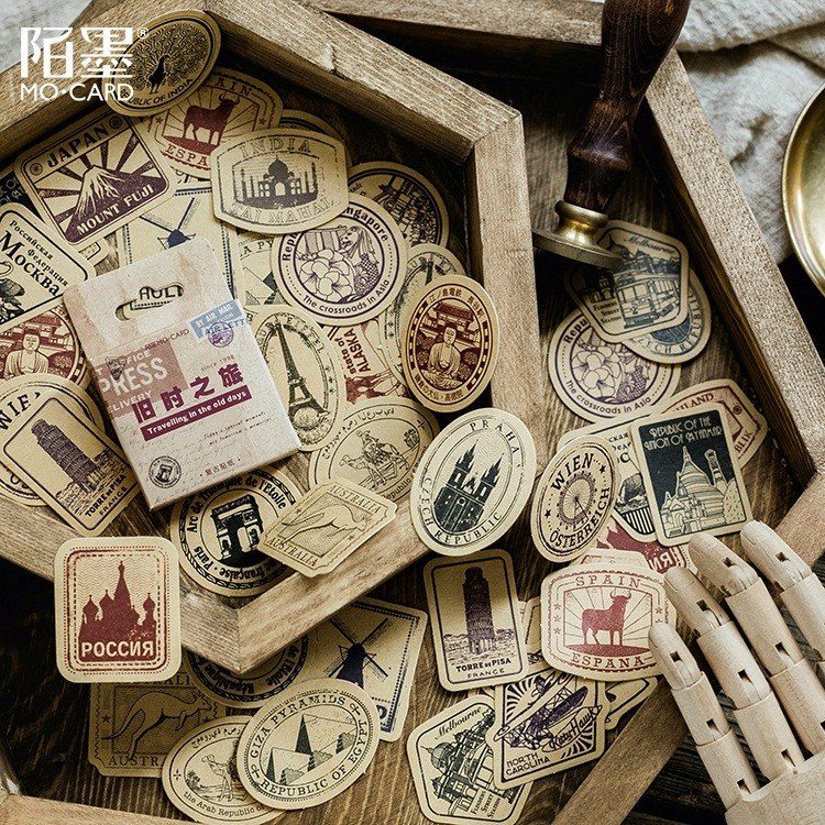 Bộ 46 tem dán Sticker phong cách Retro - Sticker hình tem trang trí sổ