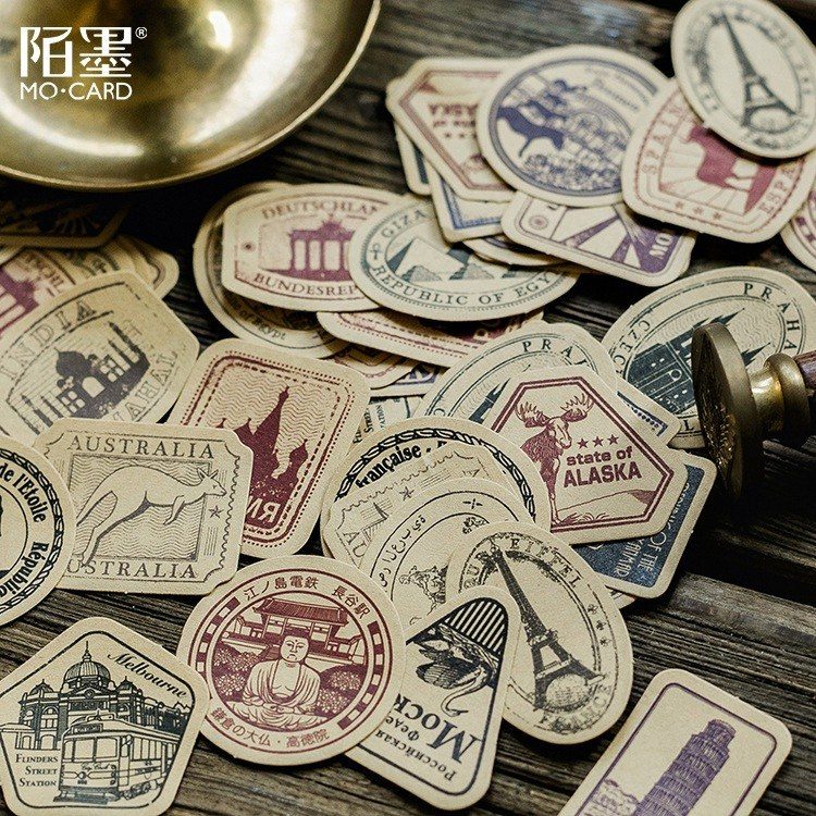 Bộ 46 tem dán Sticker phong cách Retro - Sticker hình tem trang trí sổ