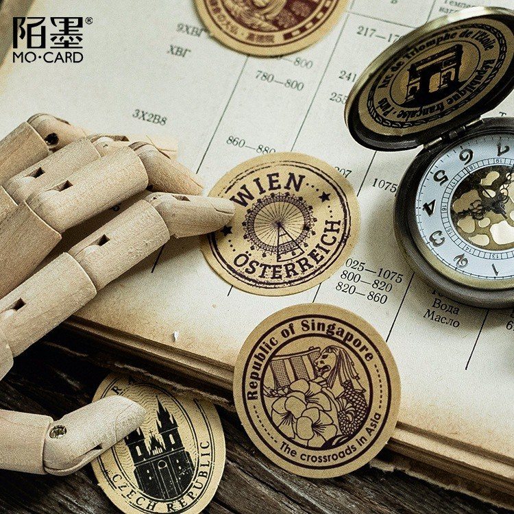 Bộ 46 tem dán Sticker phong cách Retro - Sticker hình tem trang trí sổ