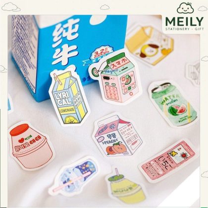 Bộ 50 sticker đồ vật dễ thương, nhãn dán cute hình hộp sữa, cây xanh STI11