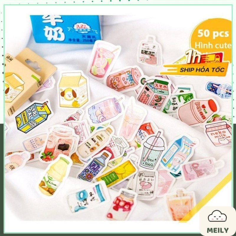 Bộ 50 sticker đồ vật hình hộp sữa, cây xanh STI11