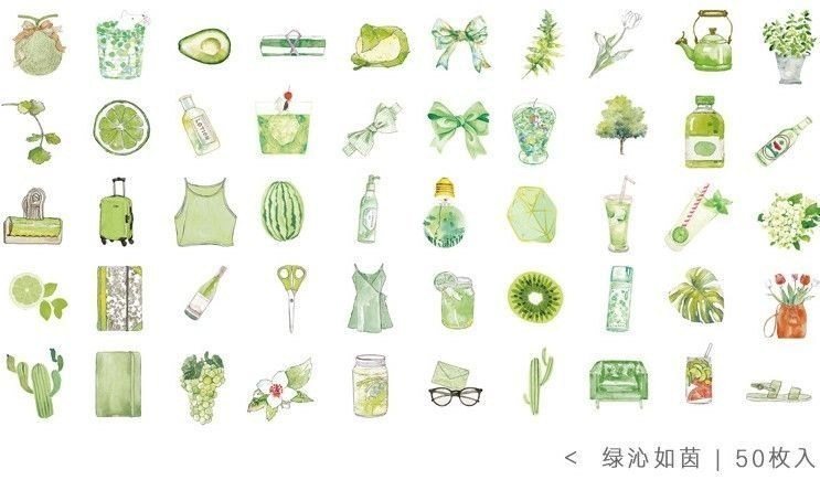 Bộ 50 sticker đồ vật hình hộp sữa, cây xanh STI11 - Mùa hè xanh lá