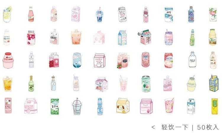 Bộ 50 sticker đồ vật hình hộp sữa, cây xanh STI11 - Đồ uống