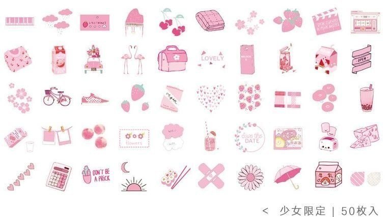 Bộ 50 sticker đồ vật hình hộp sữa, cây xanh STI11 - Tiện ích màu hồng