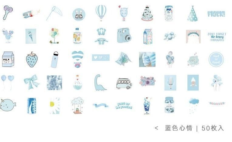 Bộ 50 sticker đồ vật hình hộp sữa, cây xanh STI11 - Dã ngoại xanh dương