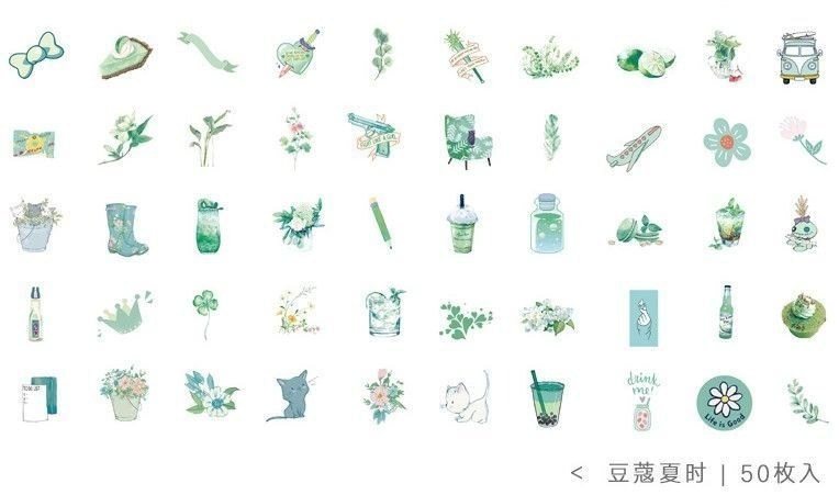 Bộ 50 sticker đồ vật hình hộp sữa, cây xanh STI11 - Hoa lá xanh ngọc