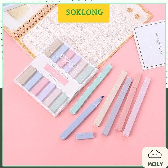 Bộ 6 bút highlight thân vuông màu Pastel, bút đánh dấu HI05