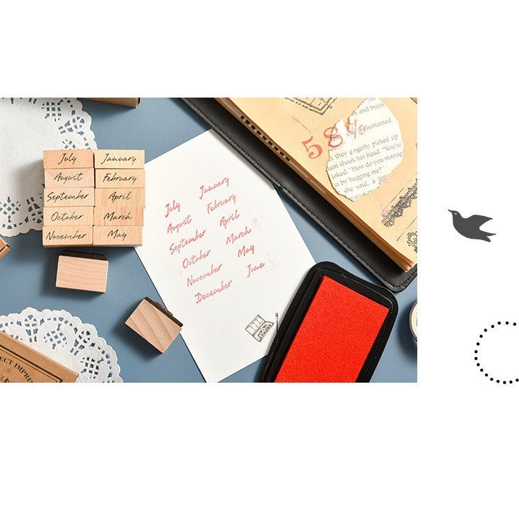 Bộ con dấu gỗ tháng ngày vintage D12