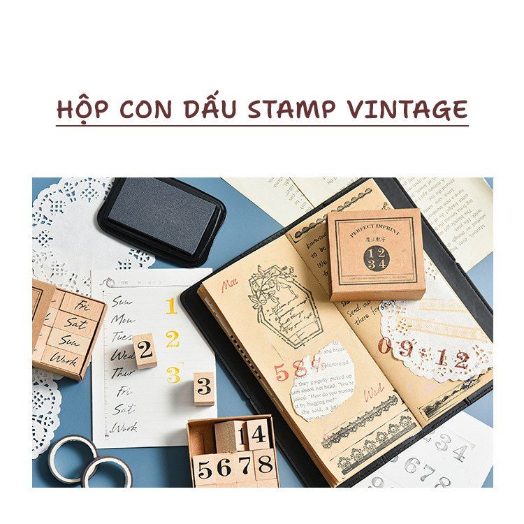 Bộ con dấu gỗ tháng ngày vintage D12