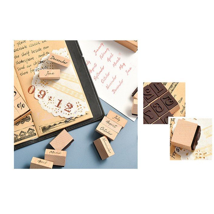 Bộ con dấu gỗ tháng ngày vintage D12