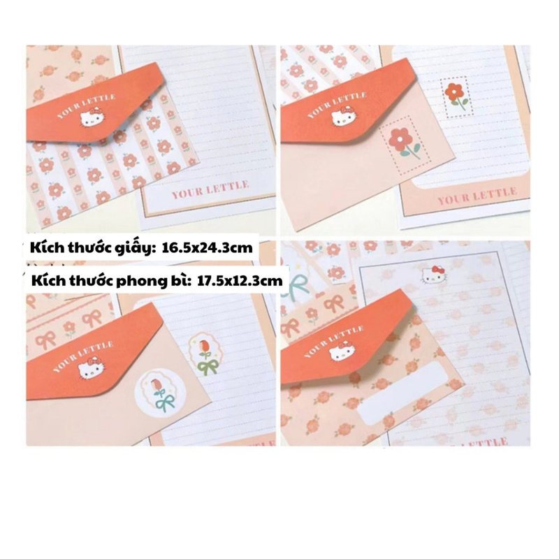 Bộ Giấy Viết Thư + Phong Bì Bưu Thiếp Hoạt Hình Dễ Thương Ghi Lời Chúc - Set 4 phong bì+ giấy viết thư Hello Kitty TH33