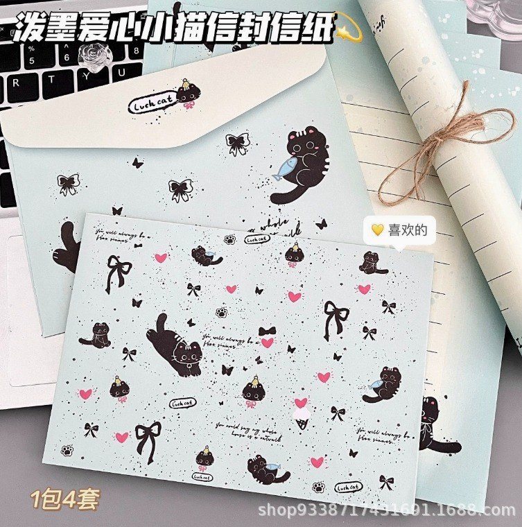 Bộ Giấy Viết Thư + Phong Bì Bưu Thiếp Hoạt Hình Dễ Thương Ghi Lời Chúc - Set 4 phong bì+ giấy viết thư mèo xanh TH34