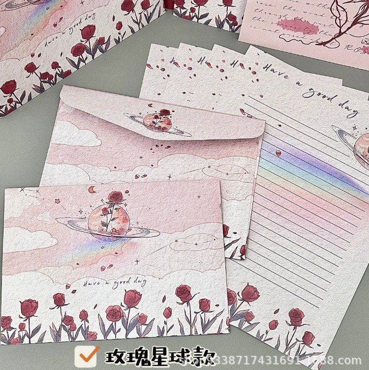 Bộ Giấy Viết Thư + Phong Bì Bưu Thiếp Hoạt Hình Dễ Thương Ghi Lời Chúc - Set 4 phong bì+ giấy viết thư hành tinh hoa hồng TH35