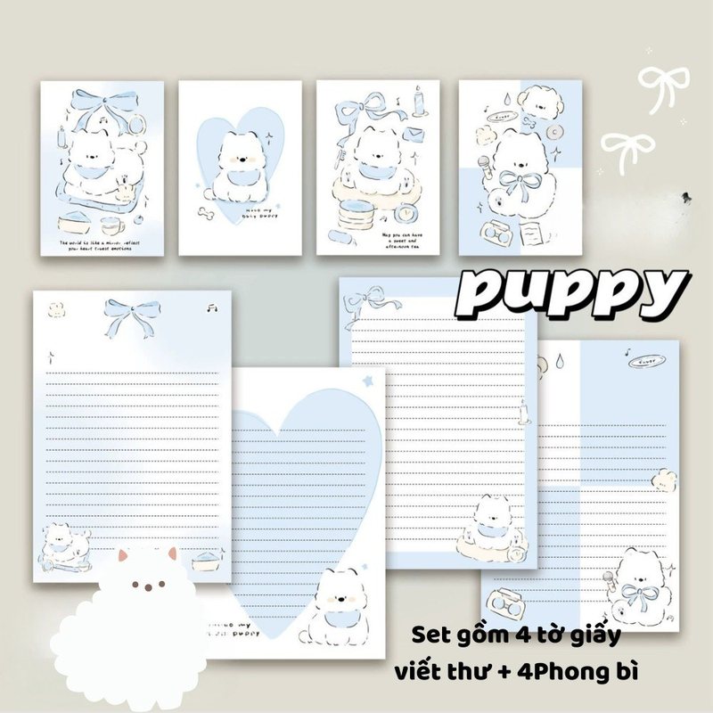 Bombo giấy họa tiết + phong bì viết thư độc đáo - Set 4 phong bì+ giấy viết thư puppy xanh sữa TH32