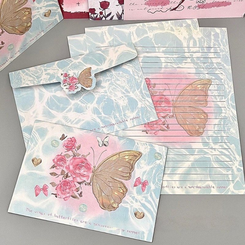 Bombo giấy họa tiết + phong bì viết thư độc đáo - Set 4 phong bì+ giấy viết thư sóng nước bướm hoa TH48