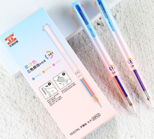 Bút bi bấm mực gel với 3 ngòi màu khác nhau B106 - Thân xanh hồng