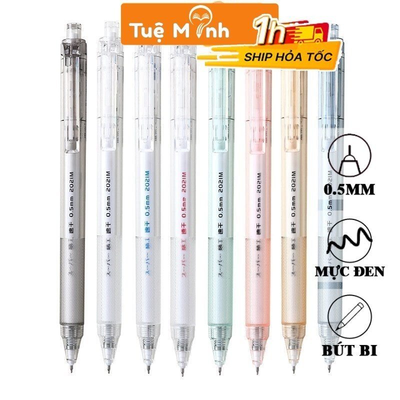 Bút bi bấm thân trong màu morandi B61 - Vỏ trắng - mực đen