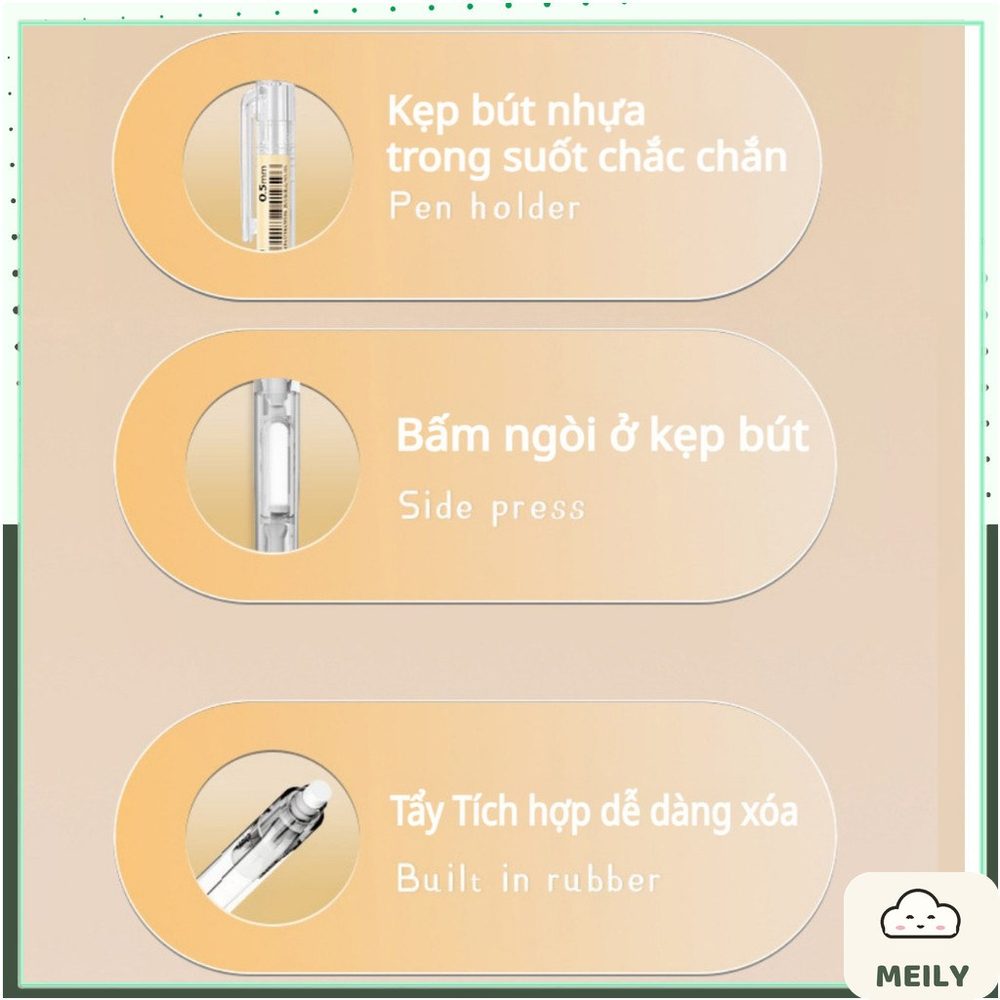 Bút chì bấm cạnh bút phong cách basic thân trong suốt Deli kèm đầu tẩy 0.5mm