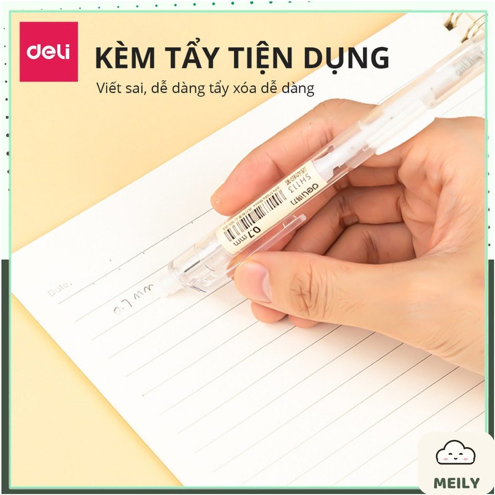 Bút chì bấm cạnh bút phong cách basic thân trong suốt Deli kèm đầu tẩy 0.5mm
