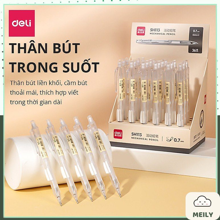 Bút chì bấm cạnh bút phong cách basic thân trong suốt Deli kèm đầu tẩy 0.5mm