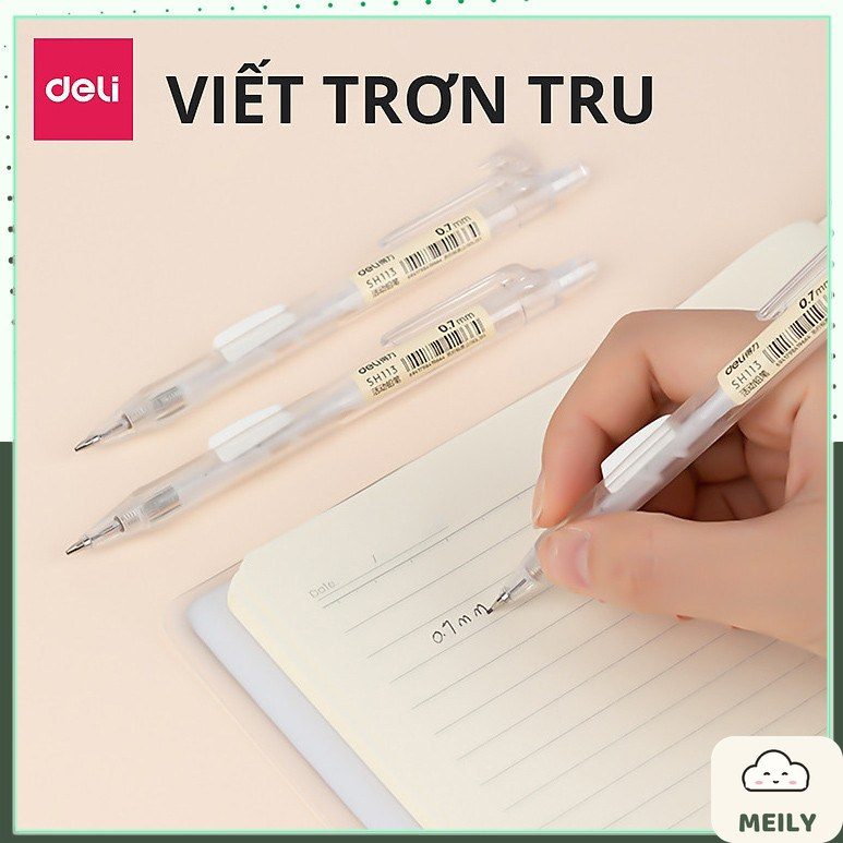 Bút chì bấm cạnh bút phong cách basic thân trong suốt Deli kèm đầu tẩy 0.5mm